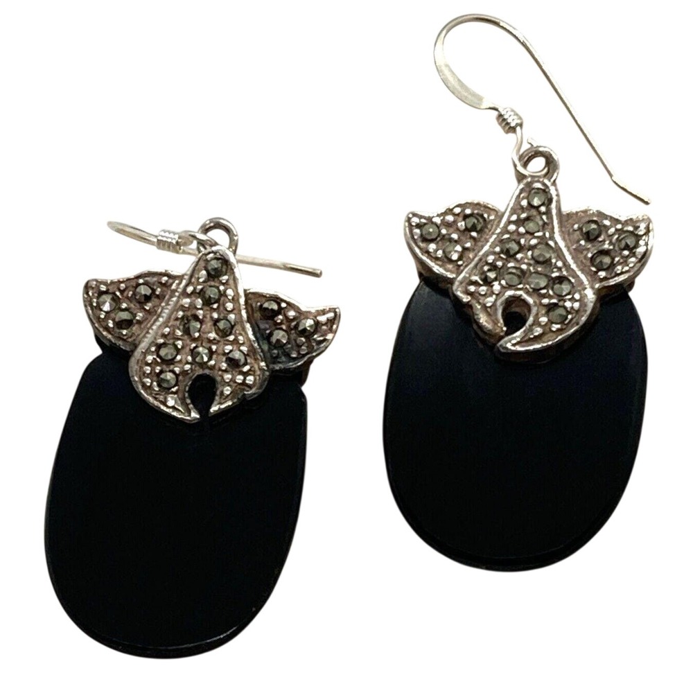 Vintage Black Stone Marcasite Accent Dangle Drop Sterling 925 Silver 11.9g
